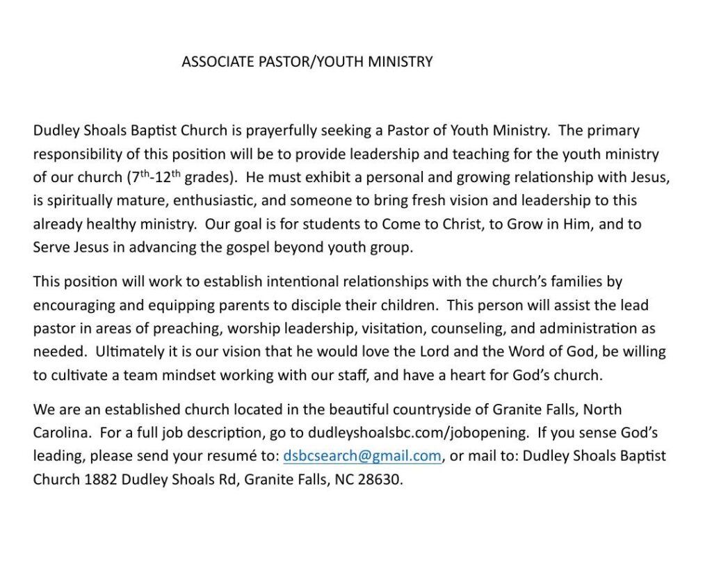 Dudley Shoals Baptist Church is prayerfully seeking a Pastor of Youth Ministry(2)